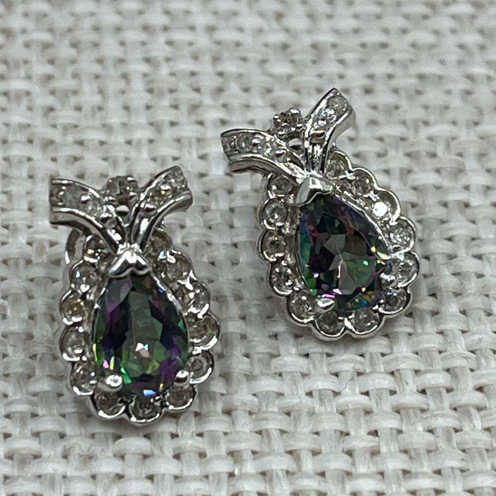 Vintage 10k White Gold Mystic Topaz & Diamond Earrings - Picture 8 of 15